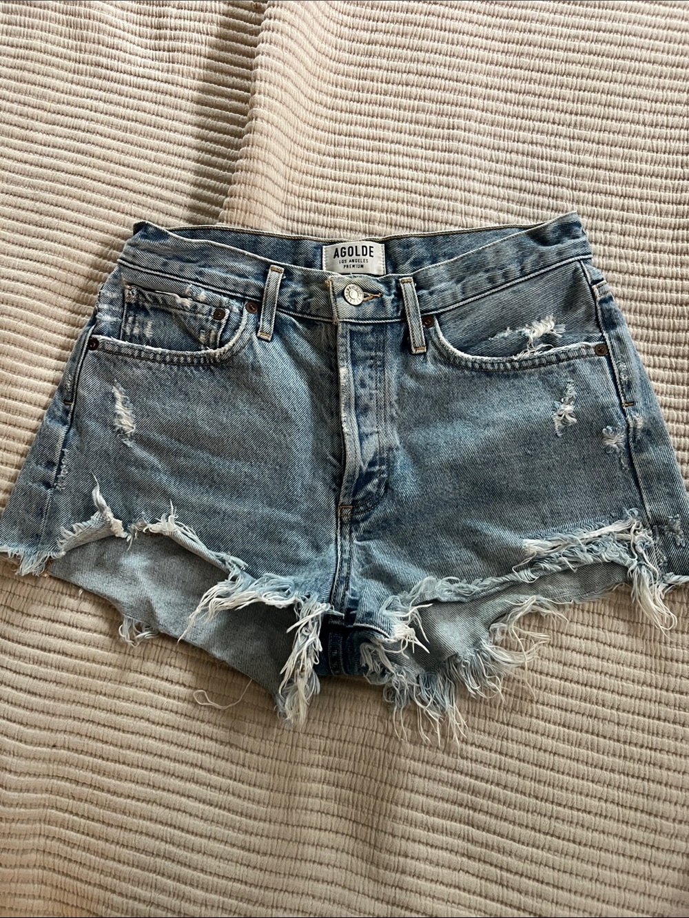 Agolde Parker Light Blue Distressed High-Rise Denim Shorts